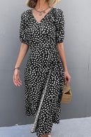 Printed Elastic Cuff Tie Waist Wrap Dress