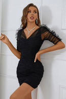 V-Neck Spliced Mesh Mini Bodycon Dress