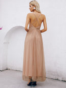 Belted Crisscross Back Plunge Tulle Dress