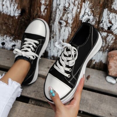 Contrast Trim Round Toe Platform Canvas Sneakers