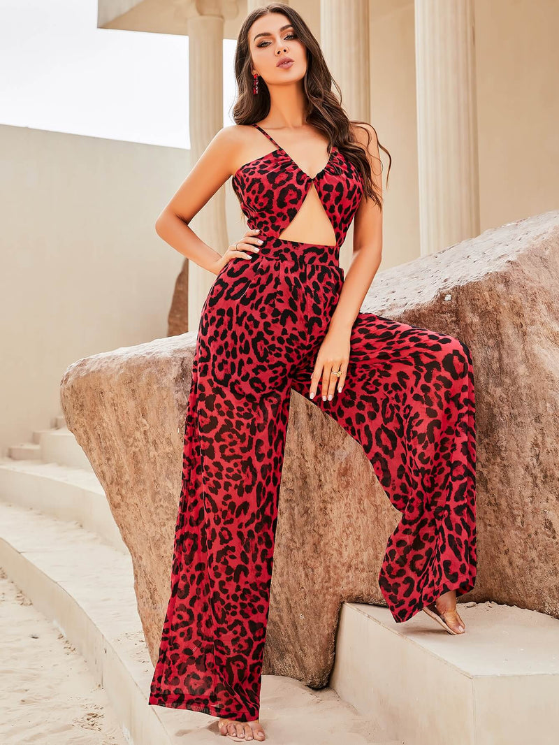 Leopard Cutout Spaghetti Strap Backless Jumpsuit