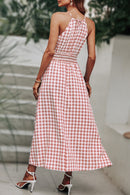Plaid Smocked Tie Back Sleeveless Midi Dress