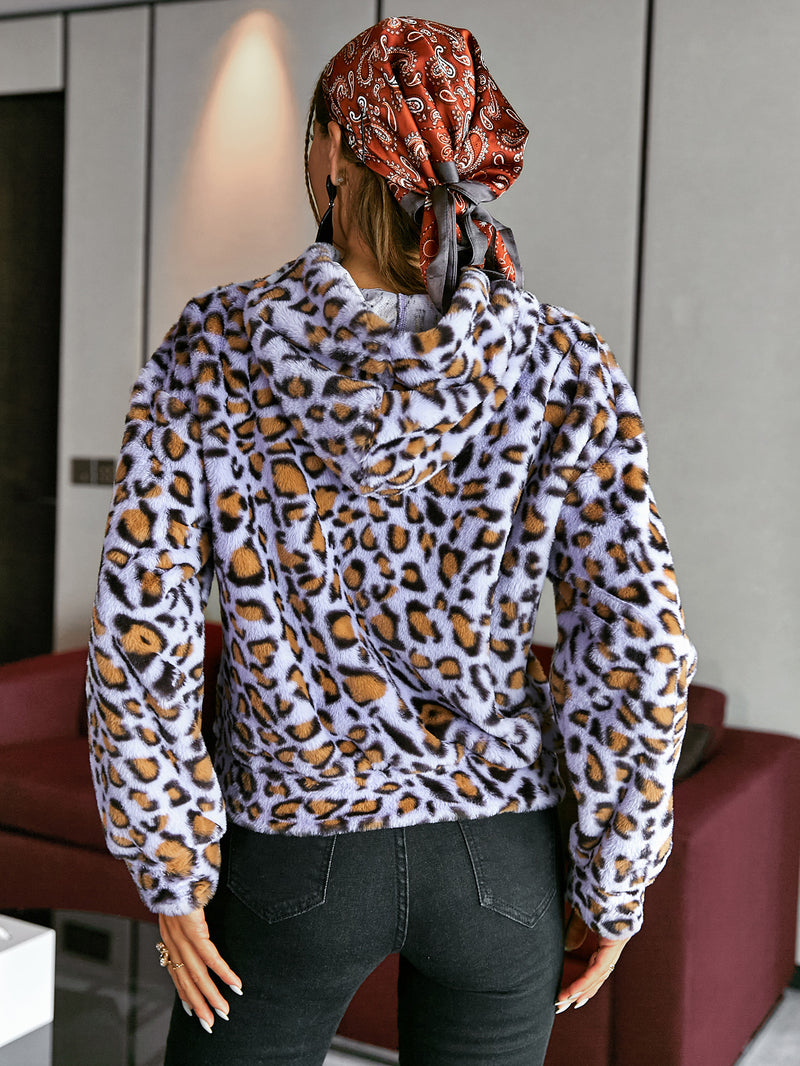 Leopard Print Drawstring Cropped Fleece Hoodie