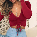 V Neck Long Sleeve Women Ruched Lace Up Casual Tee Shirt