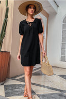 Lace-Up Short Puff Sleeve Mini Dress
