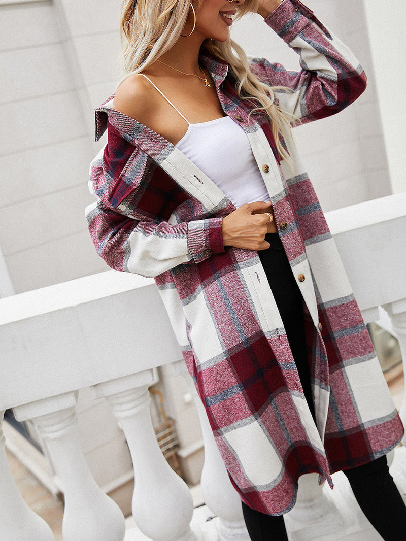 Plaid Button Down Collared Neck Shirt Jacket