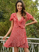 Ditsy Floral Ruffled Flutter Sleeve Plunge Dress