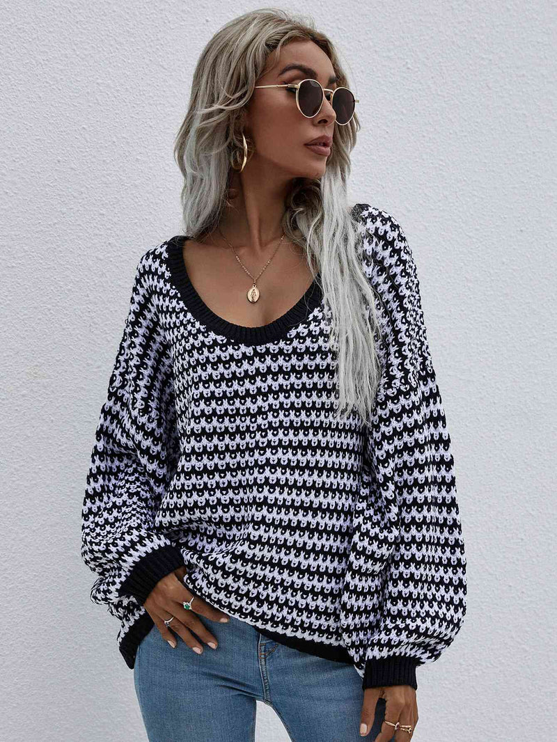 Striped Drop Shoulder V-Neck Pullover Sweater