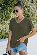 Decorative Button Curved Hem V-Neck Top