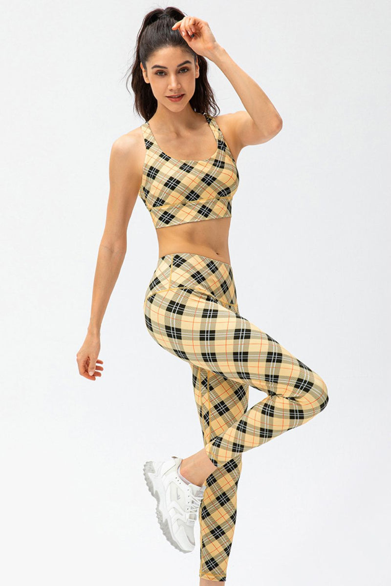 Plaid Double Crisscross Strap Sports Bra