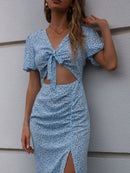 Ditsy Floral Tie Front Cutout Split Dress