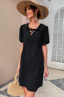 Lace-Up Short Puff Sleeve Mini Dress