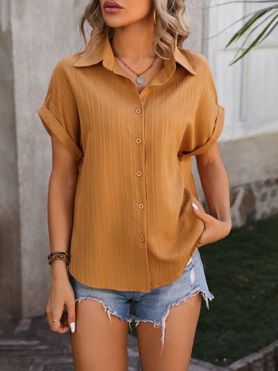 Textured Button Up Cap Sleeve Shirt