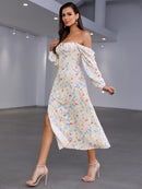 Floral Tie Front Square Neck Split Midi Dress