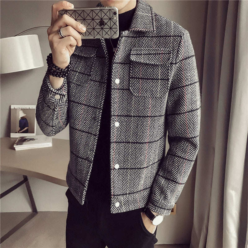 Striped short woolen jacket Korean style slim thick tooling woolen coat jacket