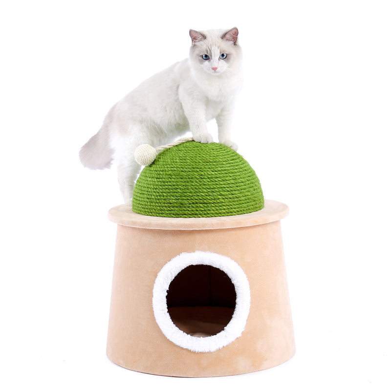 Cactus Cat Cave House with Sisal Scratching Post and sisal ball for cat kittens Green L