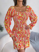 Abstract Print Square Neck Smocked Dress