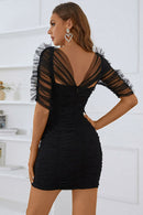 V-Neck Spliced Mesh Mini Bodycon Dress