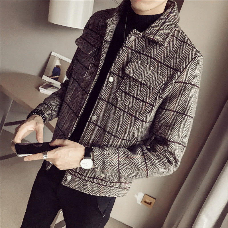 Striped short woolen jacket Korean style slim thick tooling woolen coat jacket