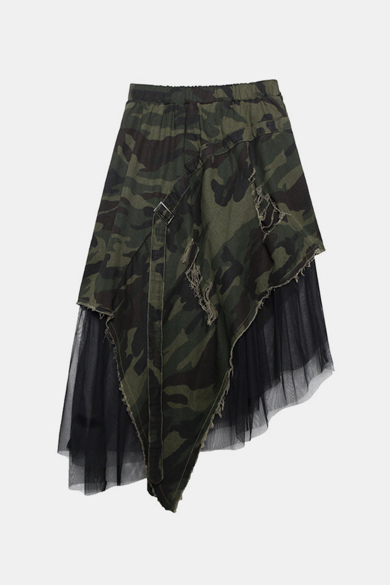 Camouflage Asymmetrical Distressed Denim Skirt with Mesh