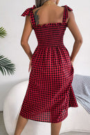 Plaid Tie Shoulder Frill Trim Midi Dress