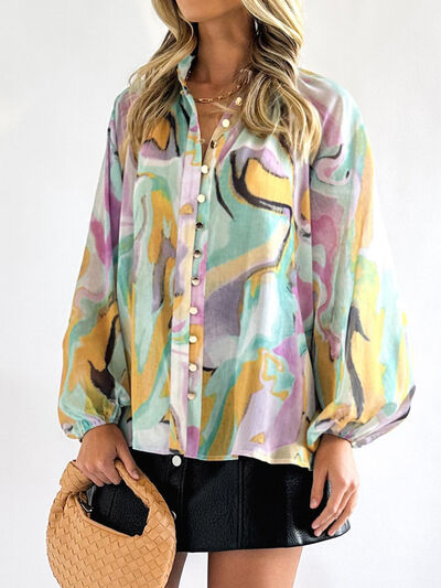 Printed Button Up Balloon Sleeve Shirt