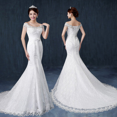 Fishtail wedding bride wedding dress one word shoulder slim slimming small trailing studio wedding dress