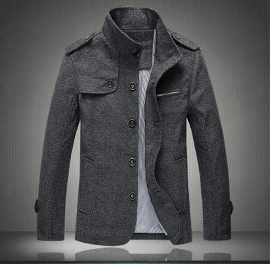 Winter new men's stand-up collar woolen trench coat
