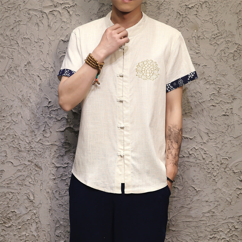 2021 new men's cotton and linen short-sleeved shirt Buddha Chinese style linen shirt delicate embroidery buckle large size male