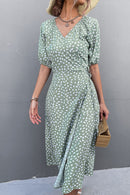 Printed Elastic Cuff Tie Waist Wrap Dress