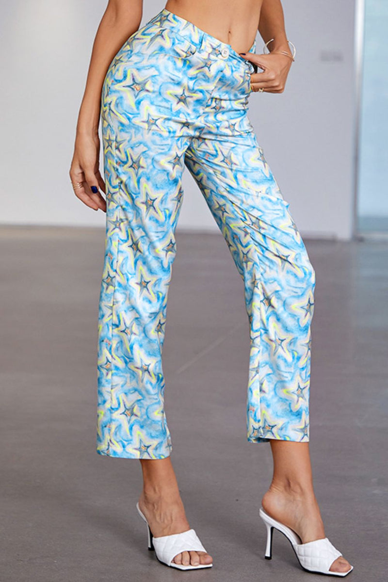 Star Print Ankle-Length Pants with Pockets