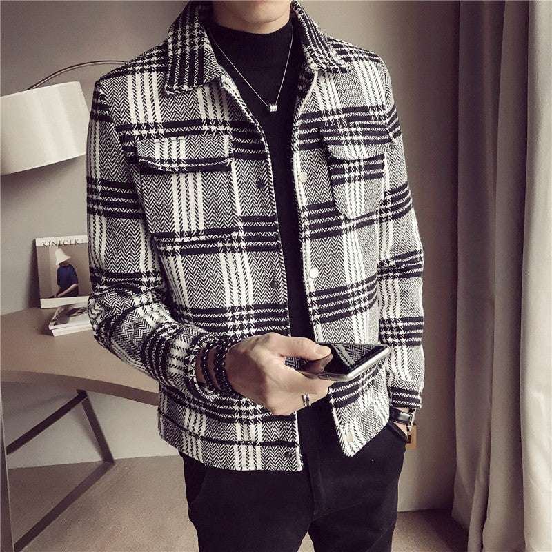 Striped short woolen jacket Korean style slim thick tooling woolen coat jacket