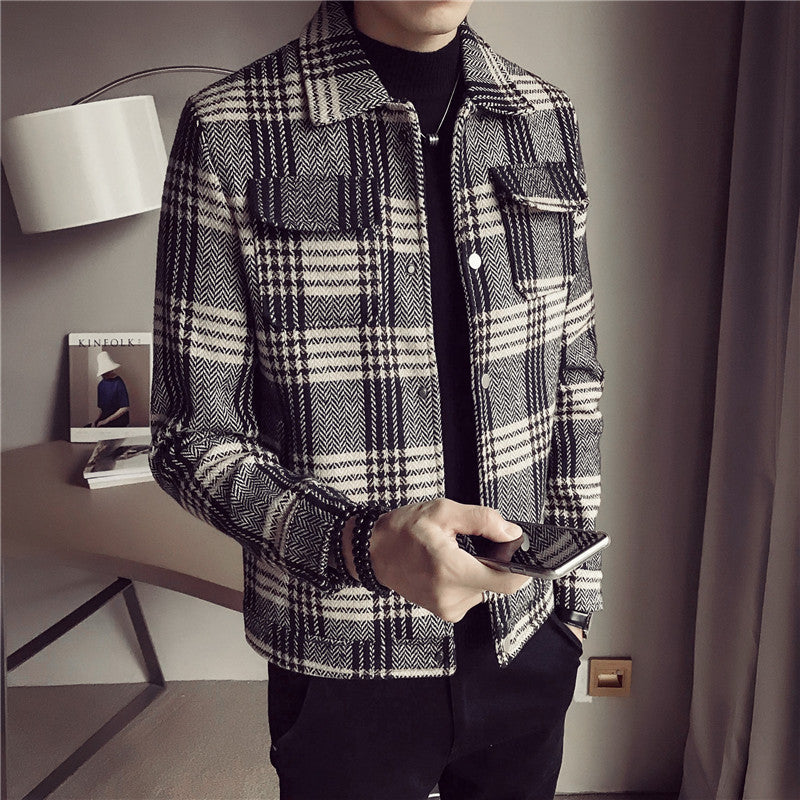 Striped short woolen jacket Korean style slim thick tooling woolen coat jacket