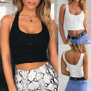 Women Short Sleeve Crop Top Button Vest Halter Casual Tank Tops