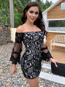 Off-Shoulder Flare Sleeve Mini Lace Dress