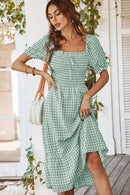 Plaid Cutout Square Neck Smocked Dress