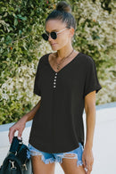 Decorative Button Curved Hem V-Neck Top