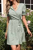 Floral Puff Sleeve Surplice Dress
