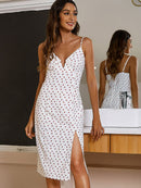 Polka Dot Front Slit Spaghetti Strap Dress