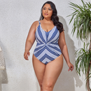 Striped Cross One Piece Large Size Women's Swimwear
