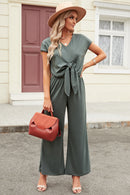 Tie-Front Short Sleeve V-Neck Jumpsuit