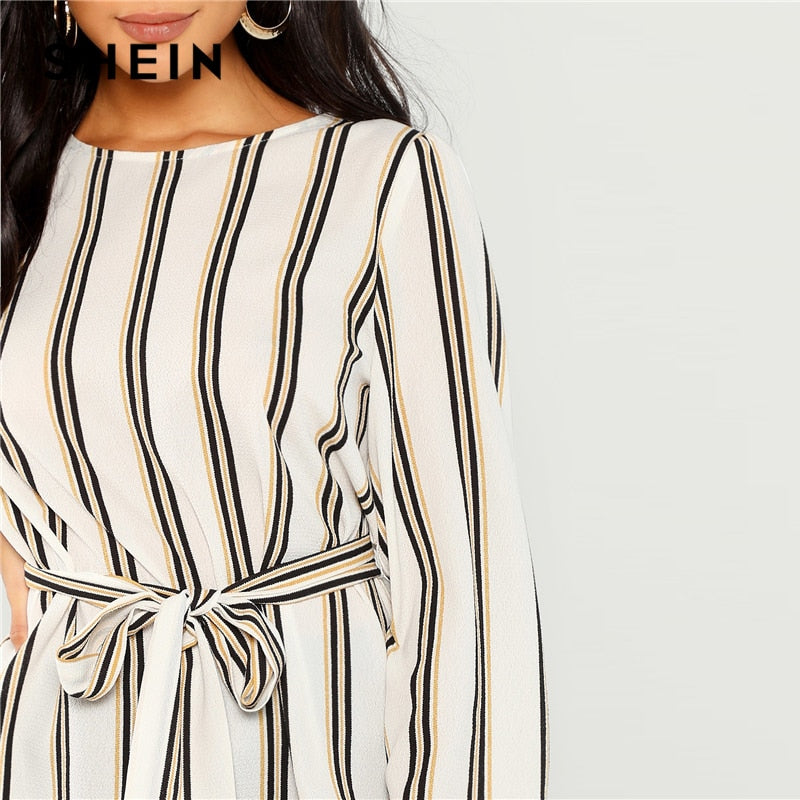 Elegant Striped Print Scoop Neck Long Sleeve Blouse