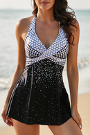 Black White Dot Print Halterneck Tankini Set
