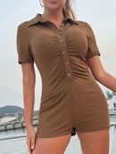 Button Front Ribbed Short Sleeve Romper