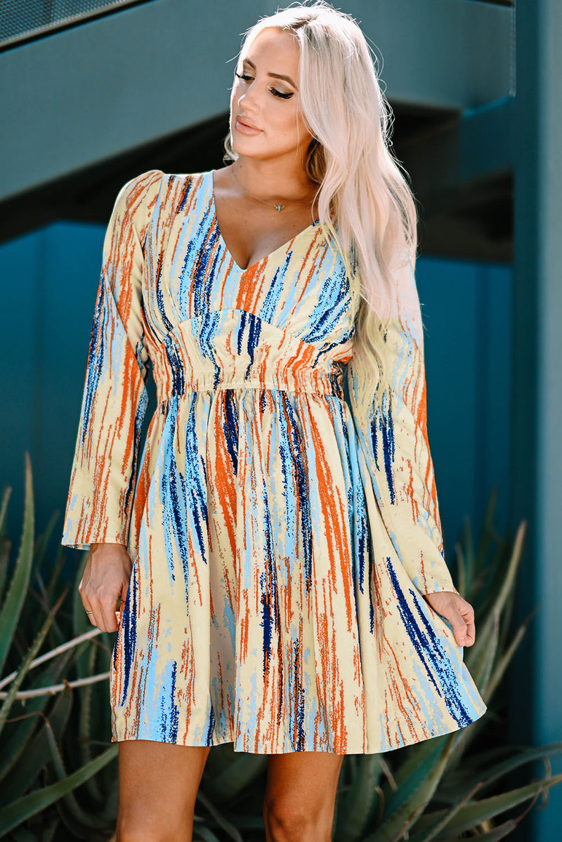 Printed V-Neck Long Puff Sleeve Mini Dress