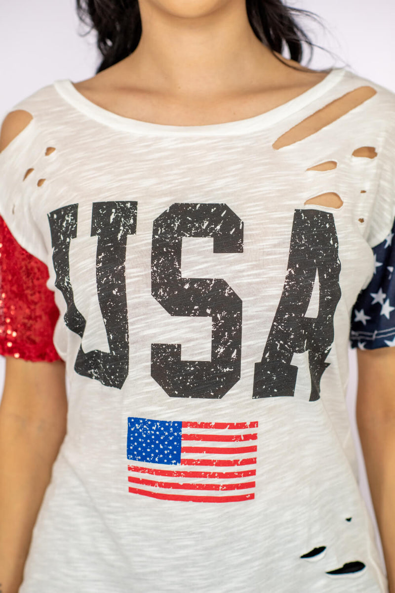 BiBi USA Sequin Graphic Distressed Tee