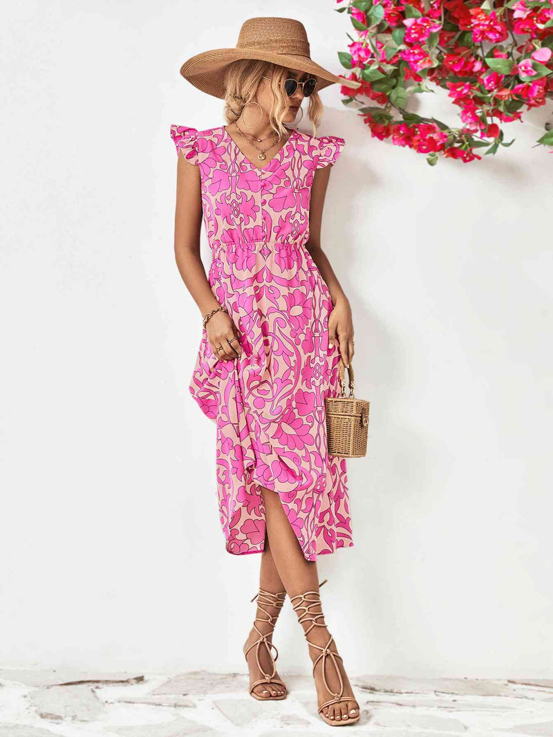 Floral V-Neck Cap Sleeve Dress