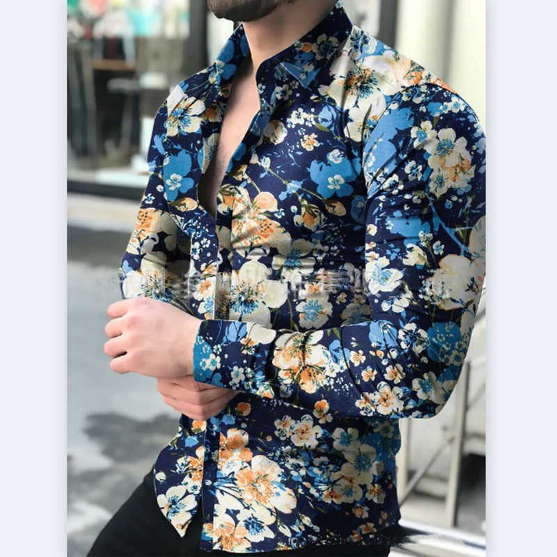 Spring And Autumn Men's Casual Long-sleeved Floral Shirt