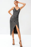 Sequined Spaghetti Strap Ruched Wrap Dress