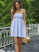 Gingham Tie-Shoulder Frill Trim Mini Dress